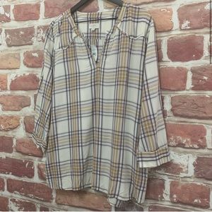 ANN TAYLOR LOFT OUTLET WOMEN'S CREAM & TAN MULTICOLOR PLAID TUNIC BLOUSE